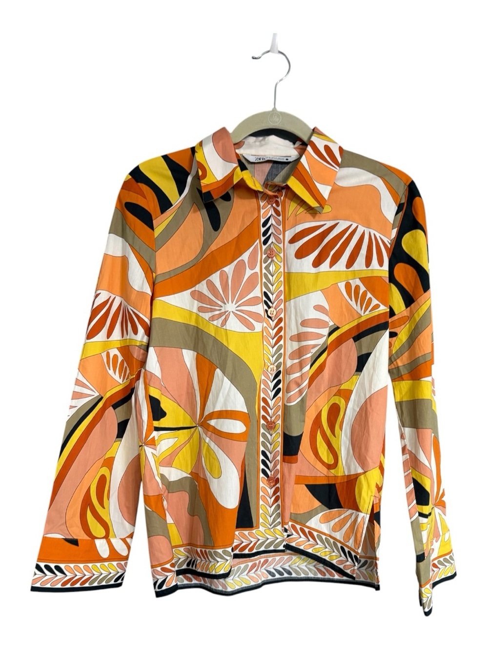 Zara Abstract Retro Print Button Front Shirt Blouse Size Small 100% Cotton